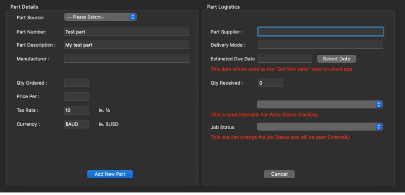 Part order screen